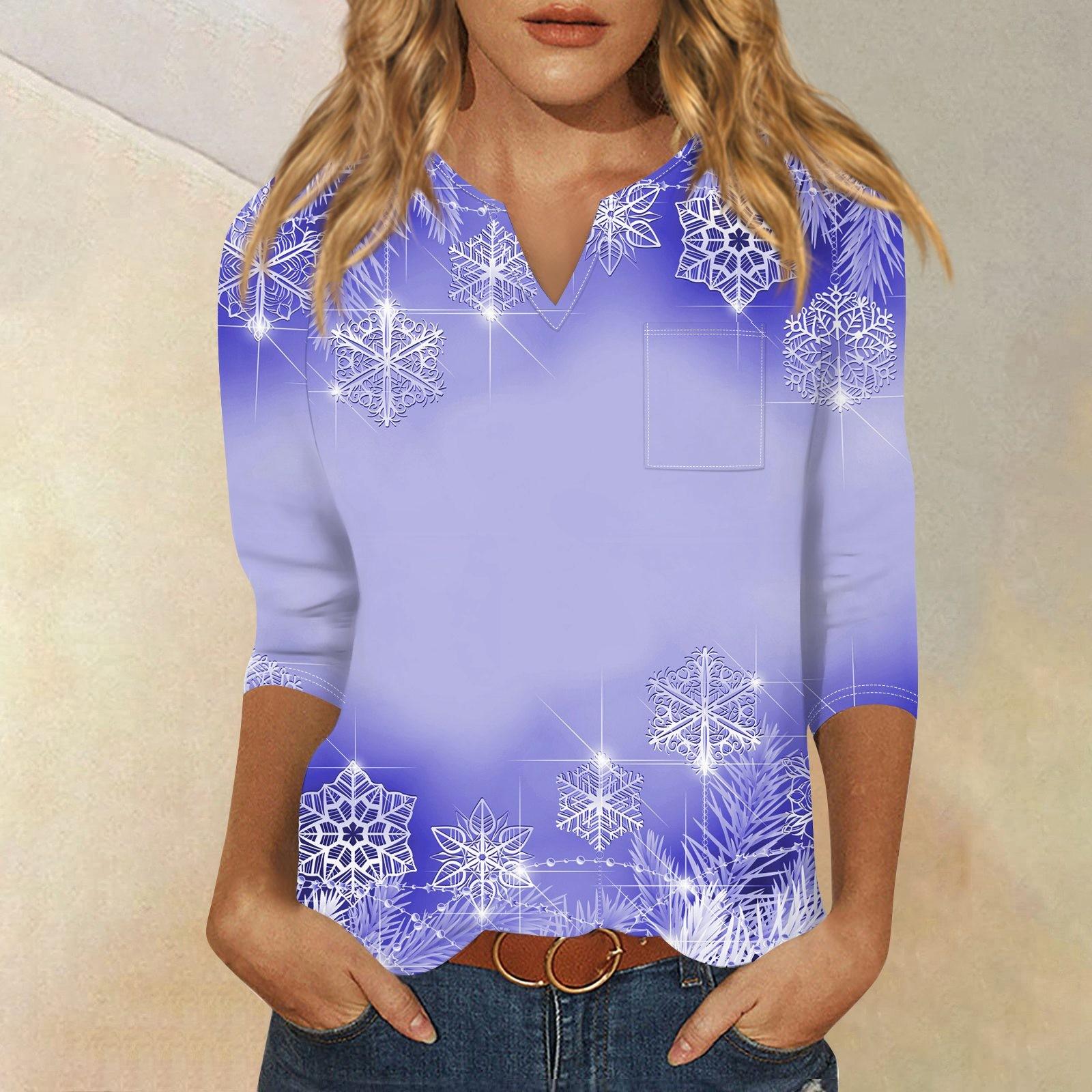 

Женская рубашка с рукавом семь дюймов, напечатанная в стиле ретро, повседневная, свободная, с V-образным вырезом, рождественская M синий