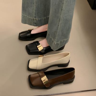 Soft-soled Retro Loafers Women's One-pedal Small Leather Shoes New Spring British Style Single Shoes Metal Buckle Square Head
