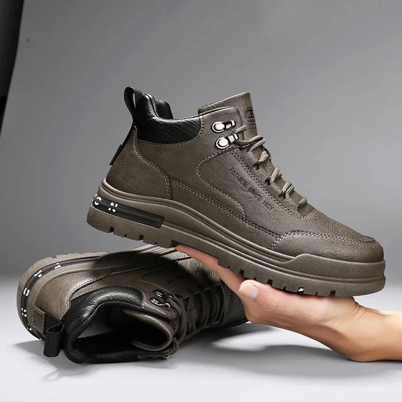 Fashion Men's Biker Boots Casual Mid Top British Tooling Shoe Keep Warm Trendy All-match Popular Motorcycle Lace-up Water Proof Boot Hot