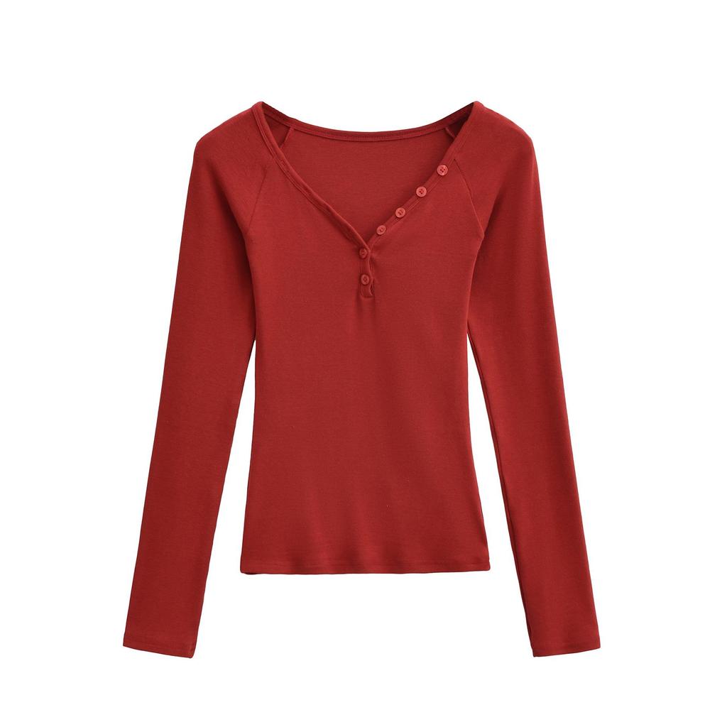 Spicy Girl Cashmere Heart Neck Slim-Fit Button-Up T-Shirt for Autumn/Winter 2025