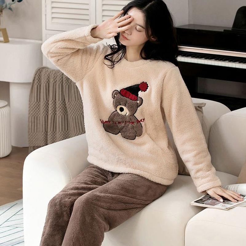 2pcs/Set  Padded Thickened Warm Fall and Winter Women's Pajamas Long-Sleeved Long Pants Set Coral Velvet Cartoon Bear