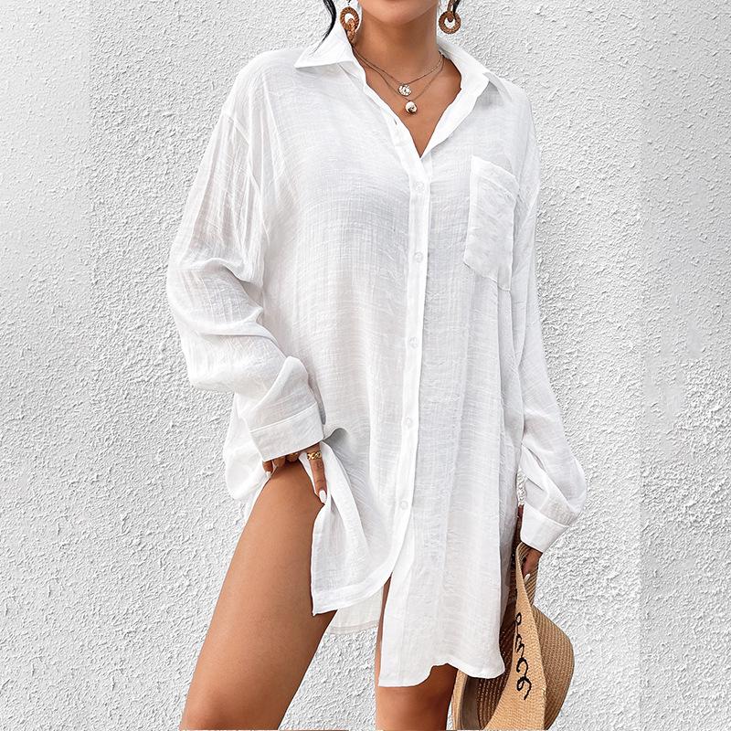 

Европейский и американский пляжный халат из бамбукового хлопка: Кардиган в стиле рубашки с защитой от солнца для женского отпускного купальника One Size