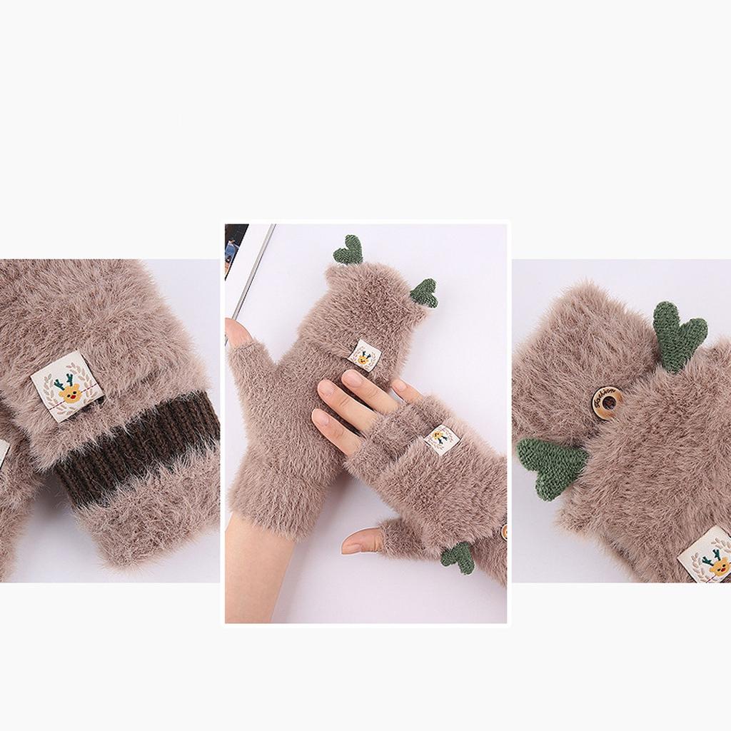 Winter Women Adult Plus Velvet Thickening Cute Cartoon Point Finger Gloves
