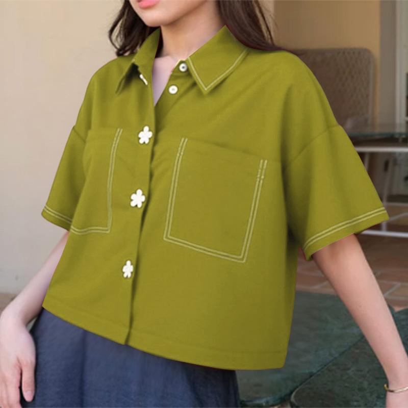 

ZANZEA Женская блузка с отложным воротником, свободного кроя, с коротким рукавом, в повседневном стиле S зелёный