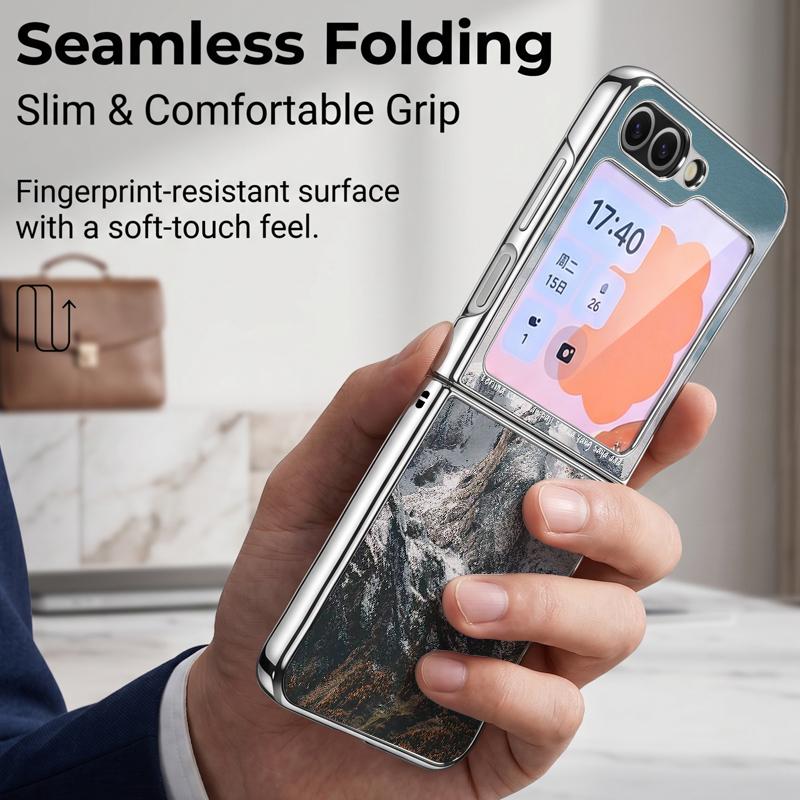 Mountains and Rivers Scencery Case For Samsung Galaxy Z FlIP 7 FE 6 5 Plating PC+PU Leather Hybrid Folding Cover For Samsung Z Flip7 Flip6 Flip5