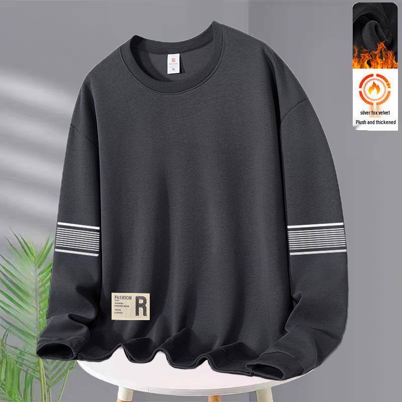 Men's Casual Loose Fit Round Neck Plus Velvet Pullover Hoodie - Autumn Winter Long Sleeve Base Layer Top
