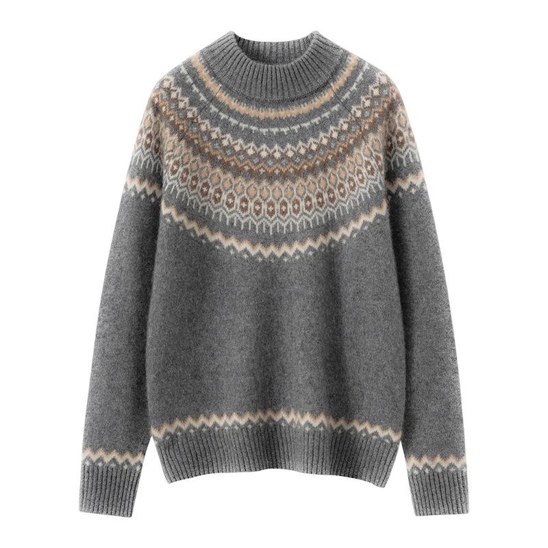 Lekasha Women's Cashmere Goat Wool Fair Isle Knit Turtleneck Sweater for Autumn/Winter