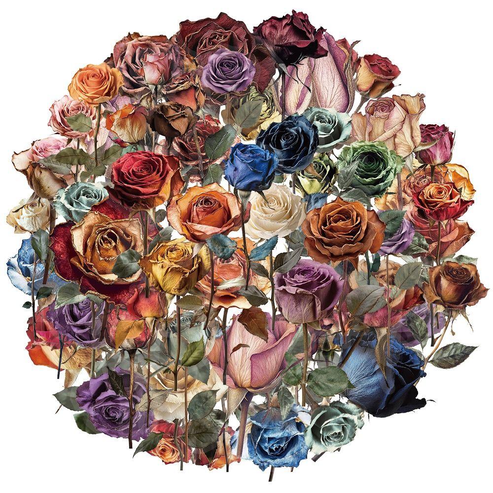 50PCS PET Dried Rose Stickers Retro Design Removable Graffiti Stickers Reusable Waterproof DIY Decorative Stickers