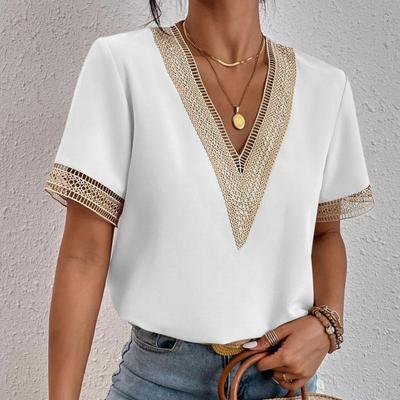 Women's Fashion Casual Summer Spring Solid Color Print Lace Short Sleeve V-Neck Blouses & Shirts EMA