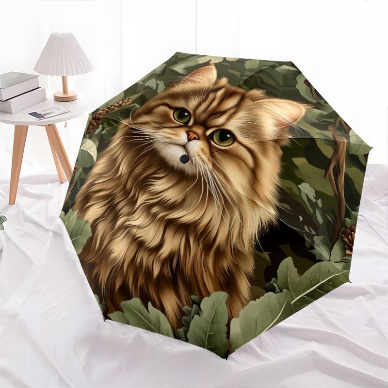 Persian Cat and Plant pattern, automatic folding umbrella, portable and foldable design, 8 ribs, a Christmas or birthday gift.
