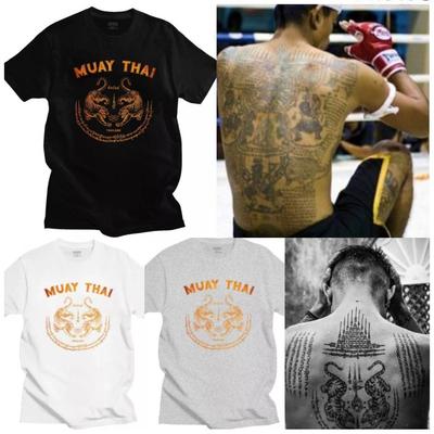 Camiseta Sak Yant Thai Twin Tiger Tattoo Muay Thai Kick Boxing MMA Mix Arte Militar Amuleto Proteção Encantadora Talismã Da Sorte Mágico Thail
