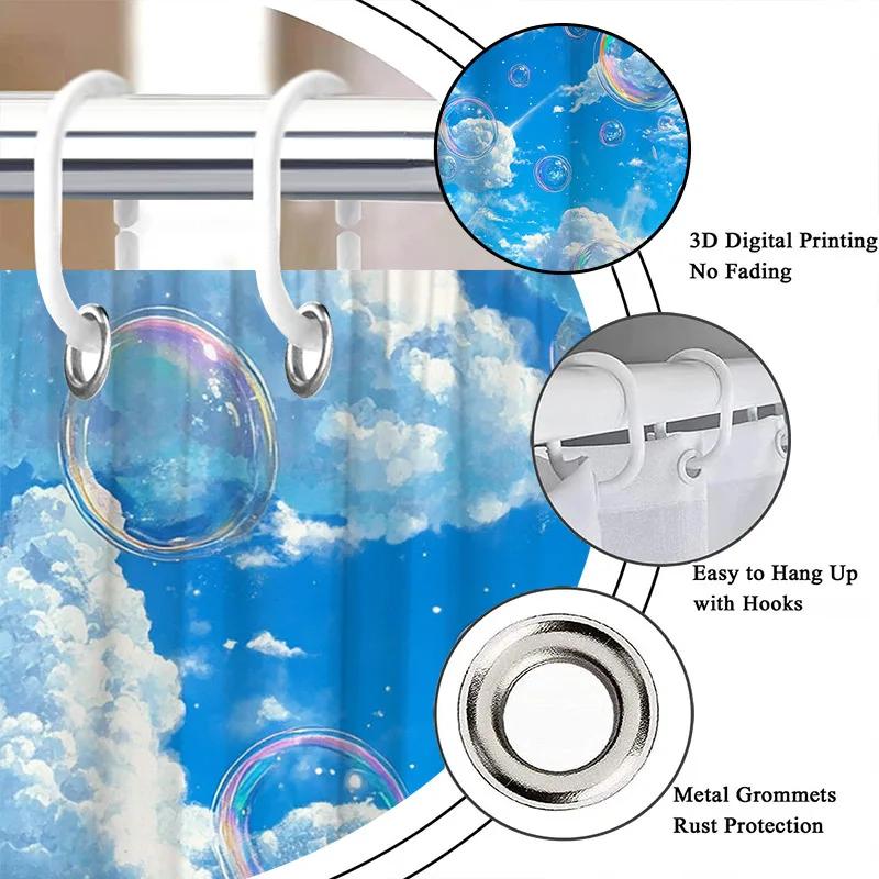 Whimsical Dreamy Sky Shower Curtain - Fluffy Clouds, Shimmering Bubbles, Brilliant Blue,Machine Washable, Fantasy Bath Decor