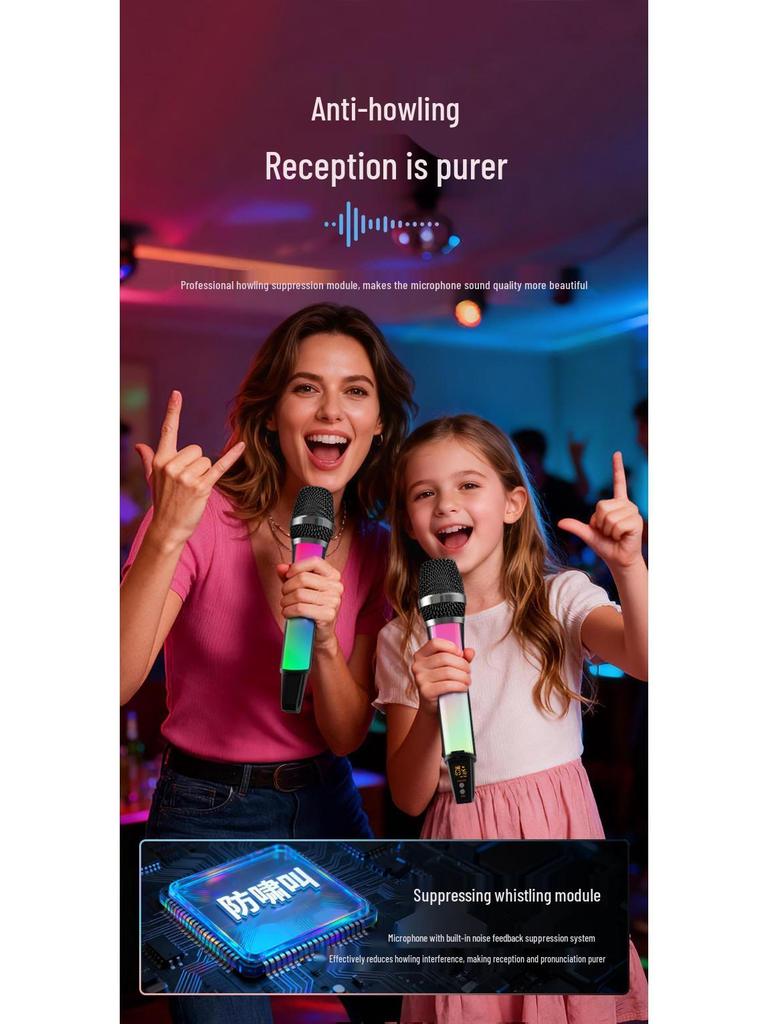 Wireless RGB Microphone with Colorful Atmosphere Light for Stage, KTV, and Home Amplifier Performance