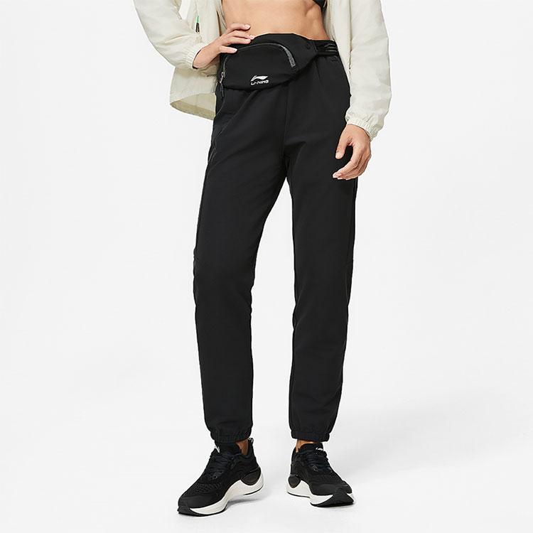 Li Ning Running Series Solid Color Mid Waist Woven Knitted Sports Pants Women Pants Black AYKU046-1
