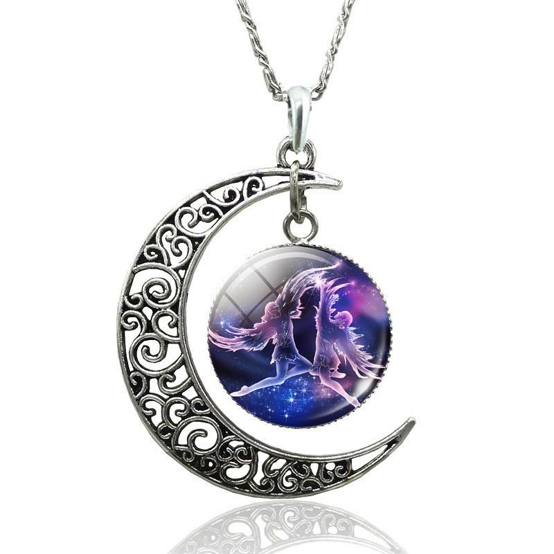 12 Constellation Necklace Zodiac Signs Cabochon Glass Crescent Moon Pendant Clavicle Chain Necklace Birthday Gifts for Women