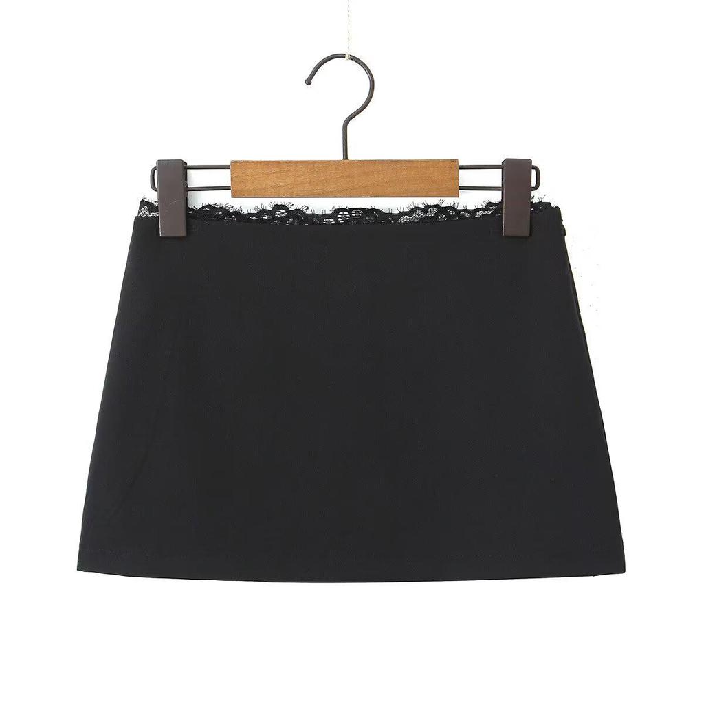 European Lace-Trim High-Waisted Bodycon Mini Skirt with Safety Shorts