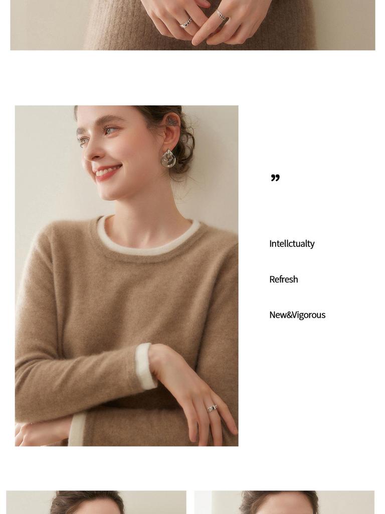 2025 Autumn/Winter Women's Cashmere Color Block Round Neck Loose Sweater Pullover