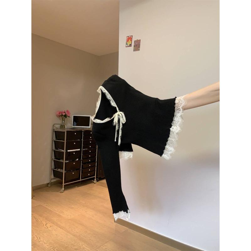 V-neck gentle lace knitted sweater spring pure desire slim-fit backing sweater bow inside top