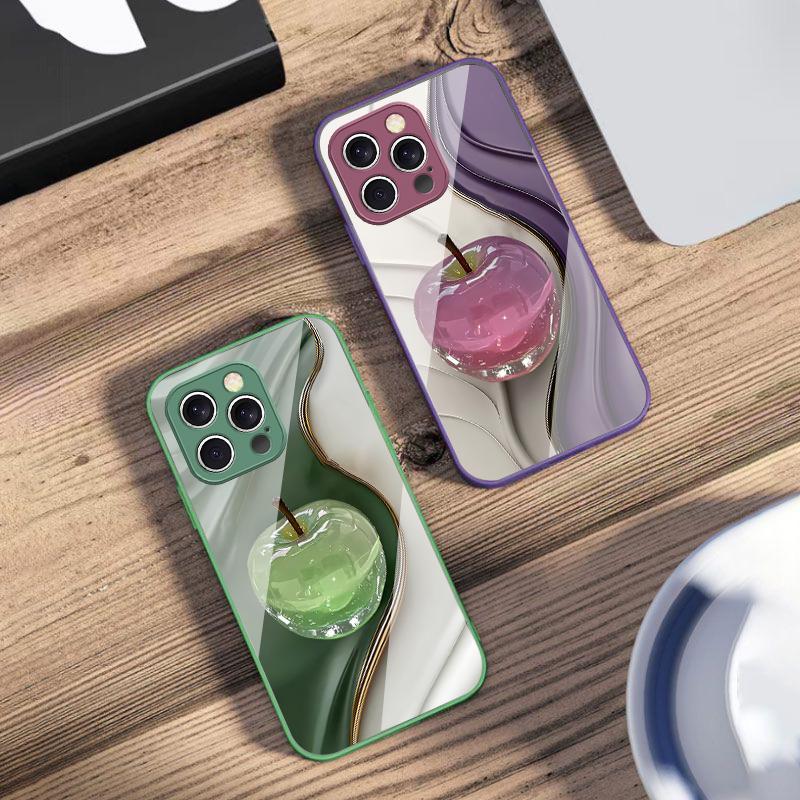 Transparente farbige Apfel Hülle For IPhone 16 Pro Max 15 Pro 14 13 12 Mini 11 XS M ax XR 7 8 Plu SE 2022 Gehärtetes Glas Handyhülle