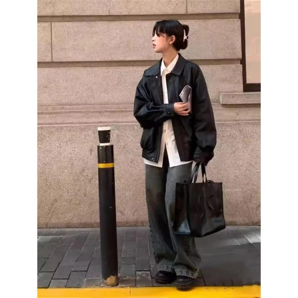 Vintage PU Leather Jacket Women Spring Autumn Retro Black Brown Casual Fashion Zipper Cropped Loose Leather Moto Biker Coat