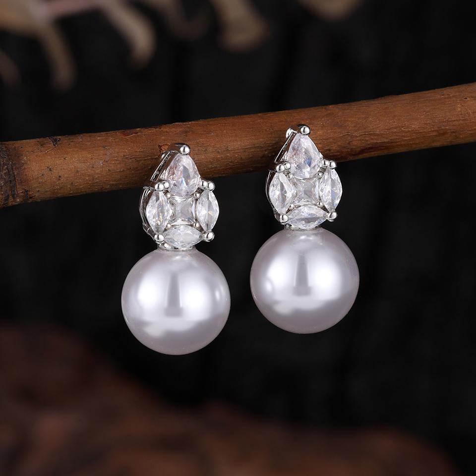 ZAKOL Fashion Water Drop CZ Zircon Imitation Pearl Stud Earrings For Women Elegant Wedding Party Bridal Jewelry