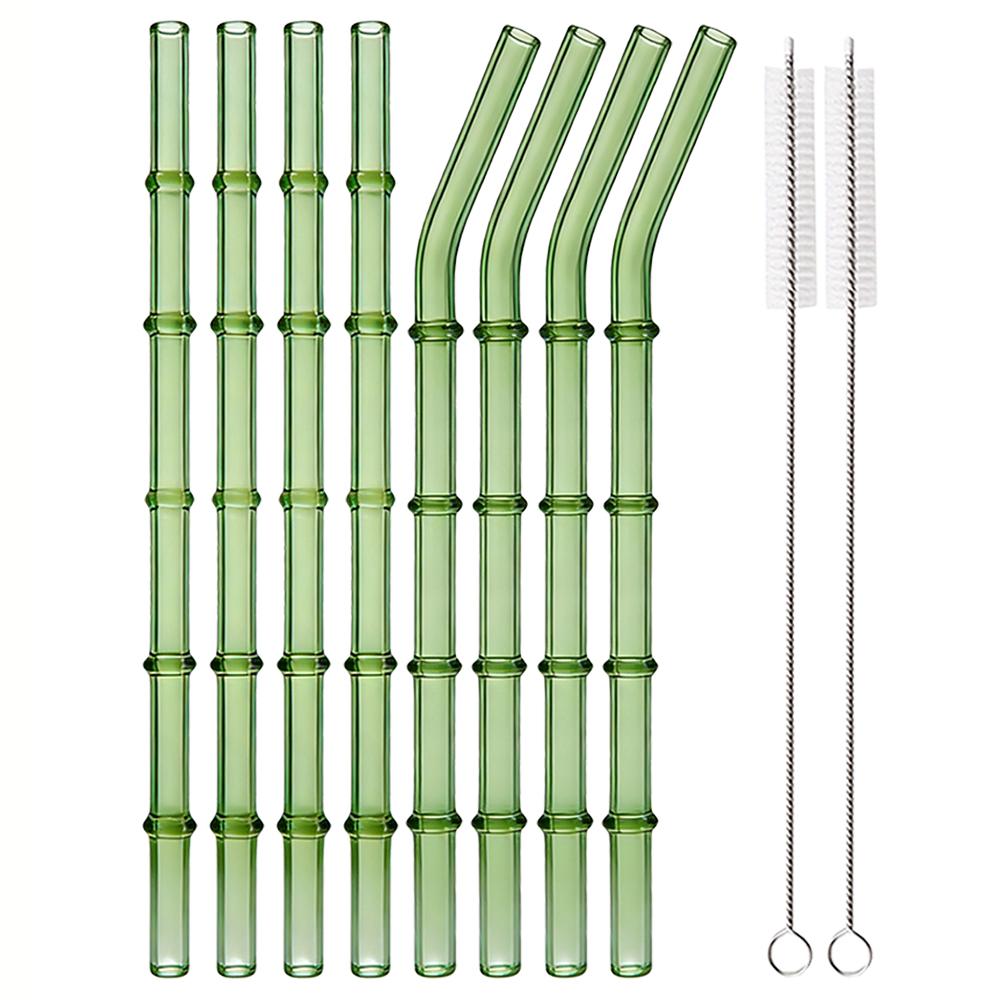 5/10Pcs Reusable Glass Straw with Brush Green Bamboo-shaped Straws Set Suitable for Milkshakes Juices Coffee Bar Accessories