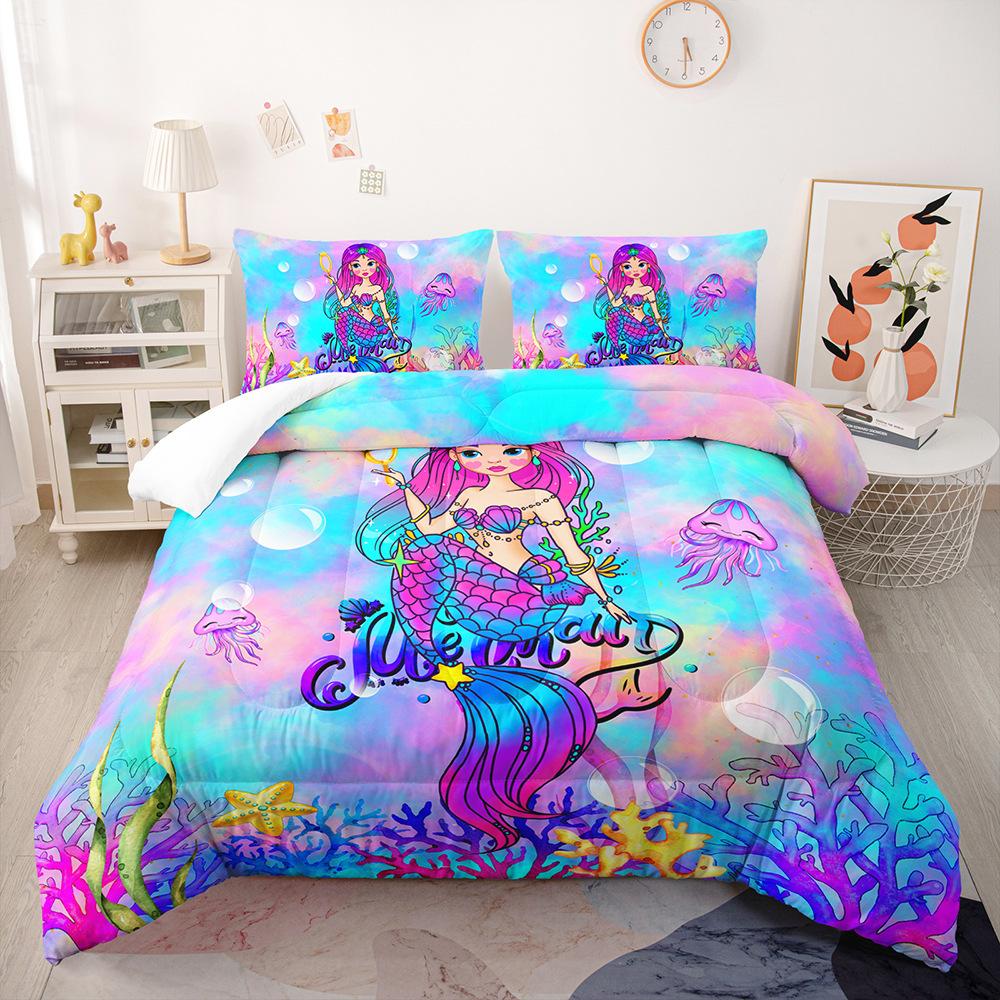 Colored Mermaid Girl Bedding Duvet Cover for Baby Kids Children,Pink Blue Cartoon Mermaid Girl Princess Polyester Quilt Coverset