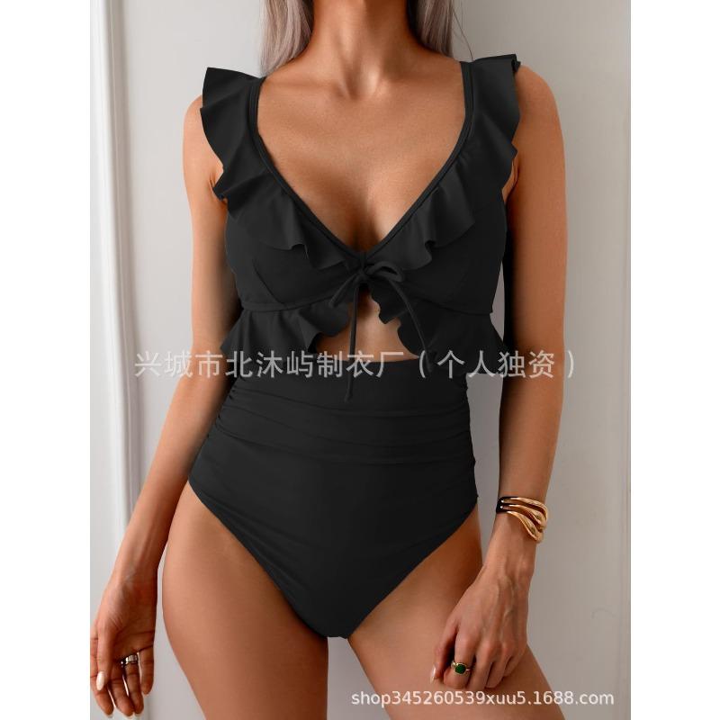 New women's one-piece belly pleated swimsuit V-neck pleated swimsuit Slim-fit hollow swimsuit women