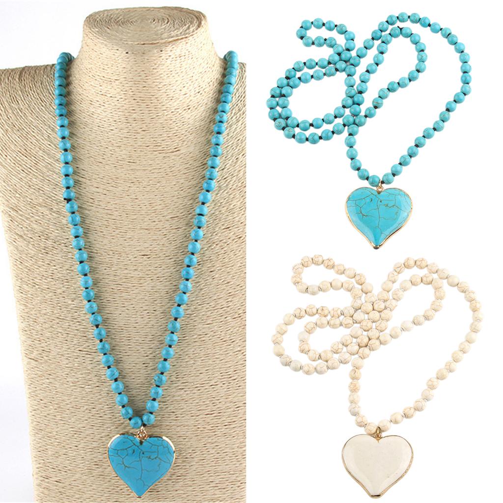 Women's Vintage Turquoise Beaded Necklace Heart Pendant Ethnic Style Neckchain Bohemian Long Sweater Chain Jewelry