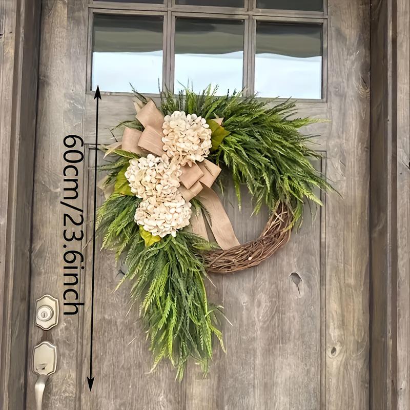 American Pastoral Hydrangea Wreath with Burlap Bow - Green Plant Vine Ring Door Hanging