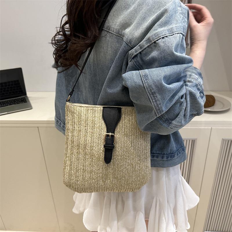 Niche Simple Straw Woven Tote Bag Women's Bag Summer New Contrasting Color Shoulder Bag Casual Trend Messenger Bag