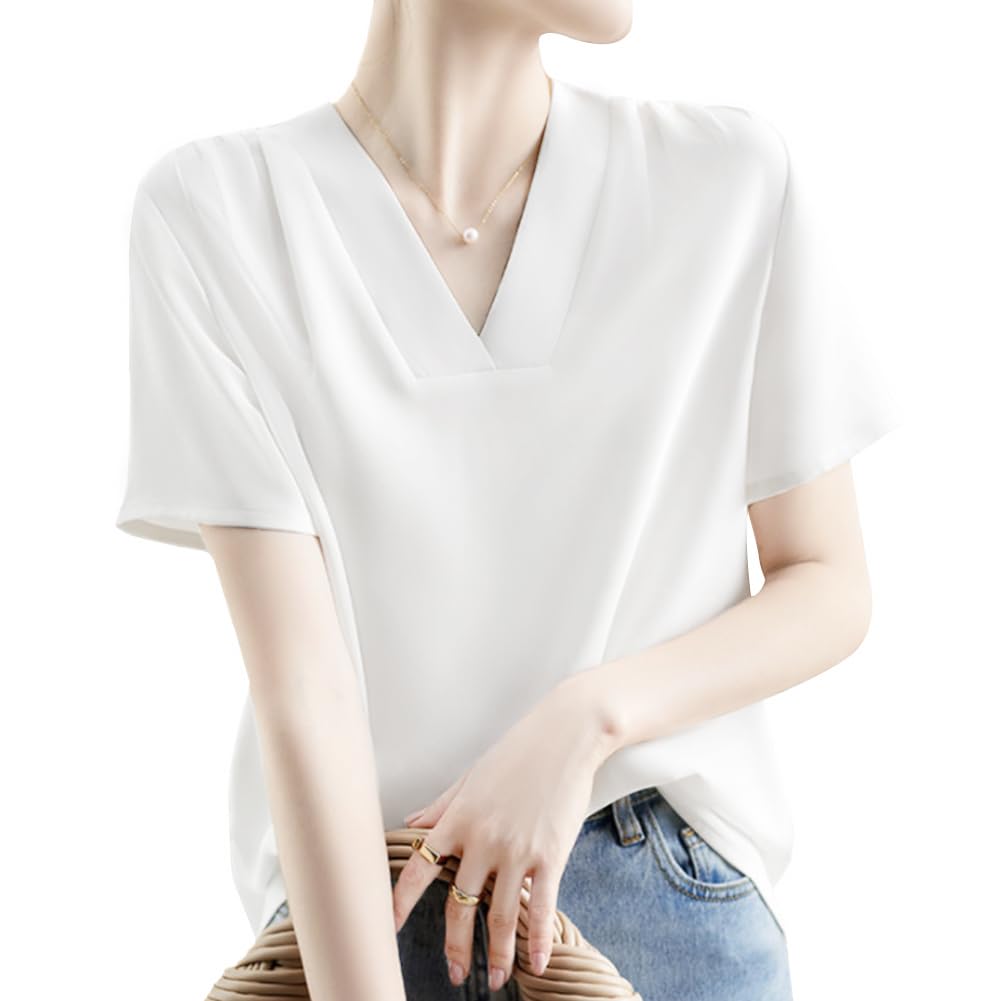 Shirt Short Summer [Sueeya] Women's Blouse, Sleeve, V-Neck, Tuck, Body-Concealing, Slimming, Plain, Stylish, Clean, Versatile, Casual, Formal,