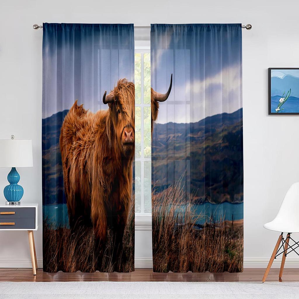 Highland Cow Sheer Voile Curtain Farmhouse Western Cattle Bull Window Tulle Curtains for Living Room Bedroom Kitchen Decoration