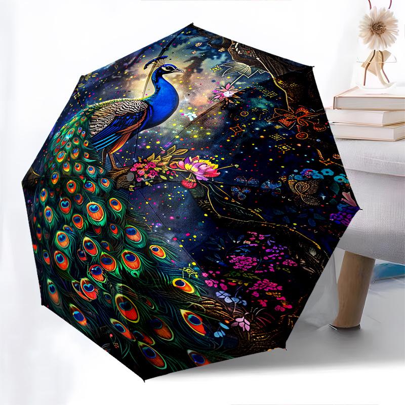 Paraguas Plegable Automático de 8 Varillas Tema Fantasía Pavo Real, Diseño Compacto y Portátil, Un Regalo Perfecto para Cumpleaños, Navidad o Negocios