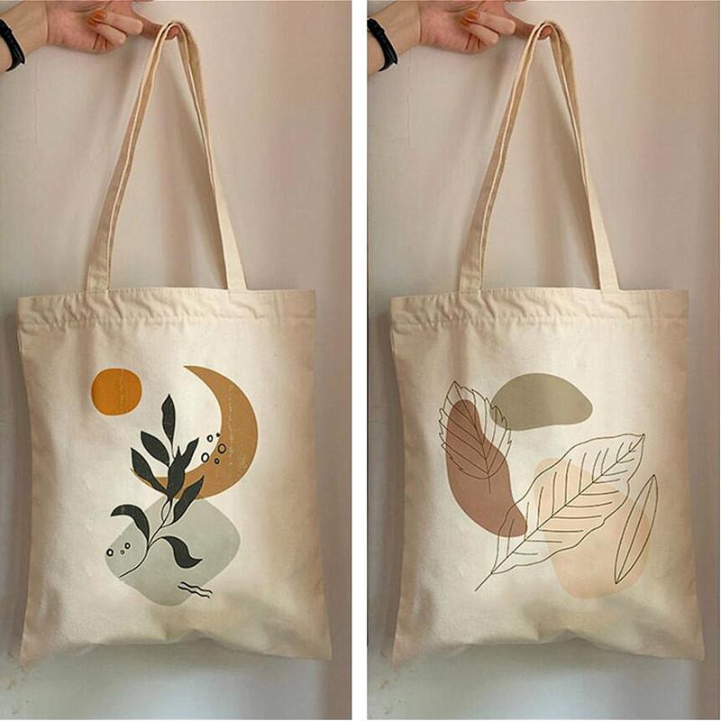 2pcs Cotton Canvas Bags Boho Floral Shoulder Bags Grocery Shopping Bag Reusable Tote Bag