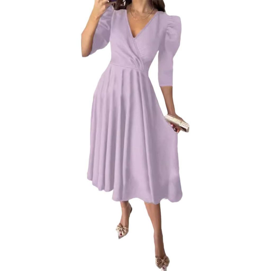 2024 Women's Solid Color Pleated Waist Three-quarter Sleeve Swing Dress