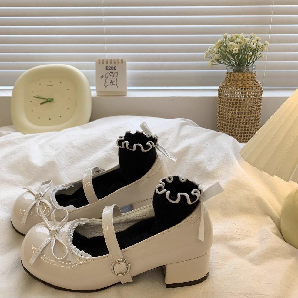 Mary Jane Shoes Women's 2025 New Spring Versatile Light Mouth Round Head Bow Jk with Skirt Thick Heel Single Shoes