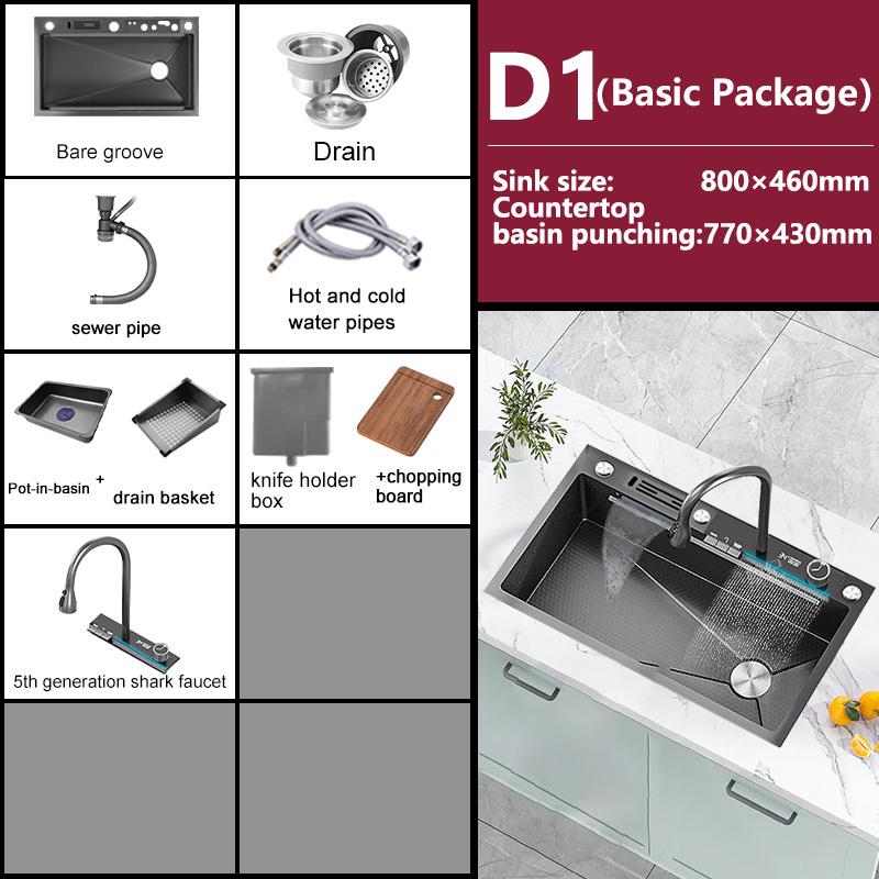 Edelstahl-Wasserfall-Küchenspüle, großes Einzelfach, integriertes Digitaldisplay, Wasserhahn-Set, multifunktionales Waschbecken