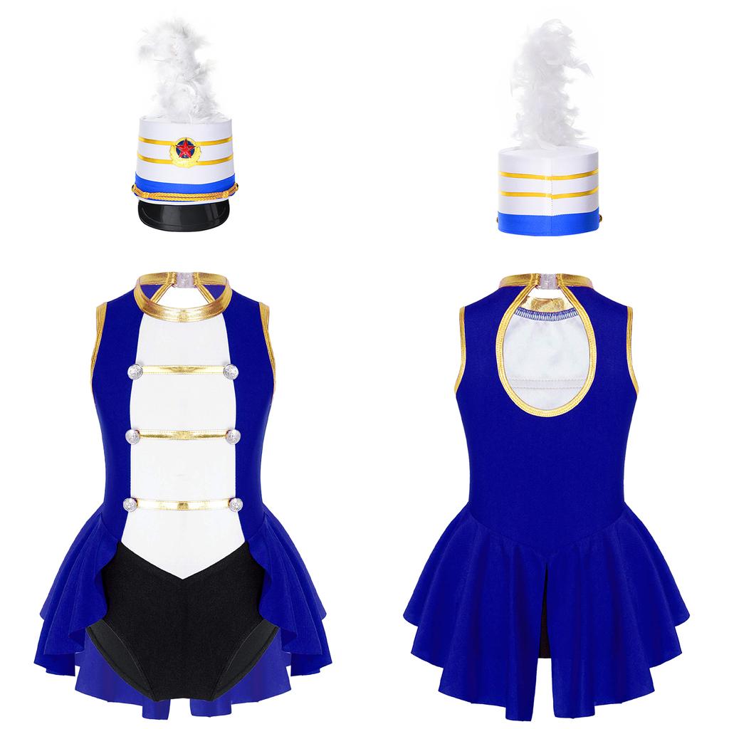 Girls Flag Raiser Performance Costume: Round Neck Cutout Back Sleeveless Leotard & Matching Feather Hat for Cosplay Dress Up
