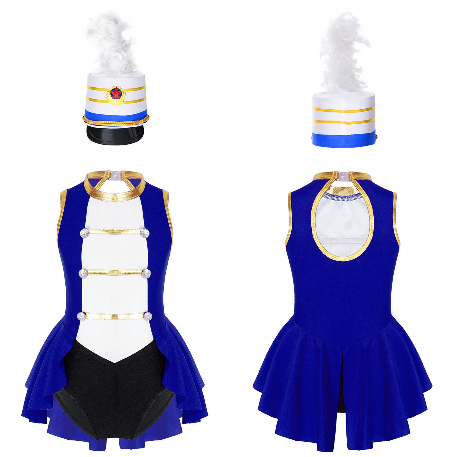 

Girls Flag Raiser Halloween Costume: Round Neck Sleeveless Leotard with Back Cutout & Feather Hat for Dress Up Performance