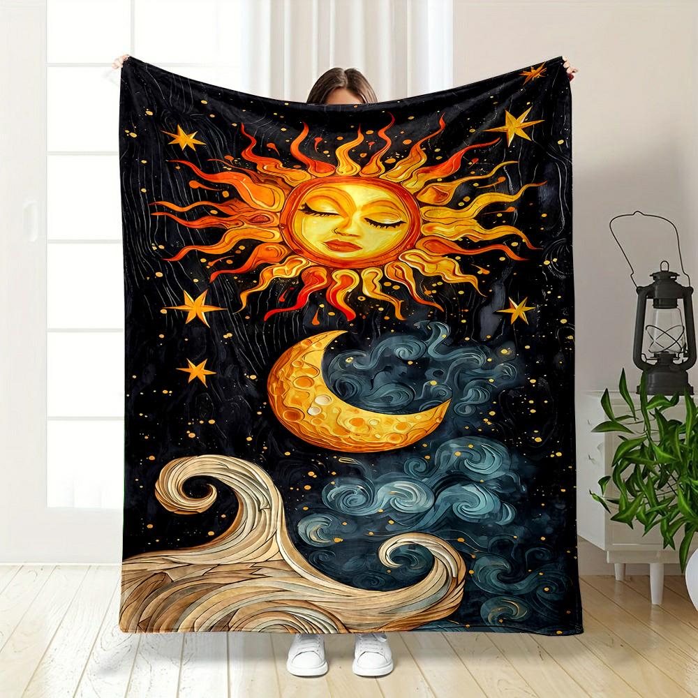 Sun and Moon Celestial Art Illustration Patterned Flannel Blanket Perfect for the Bedroom Living Room, Sofa, or a Little Nap