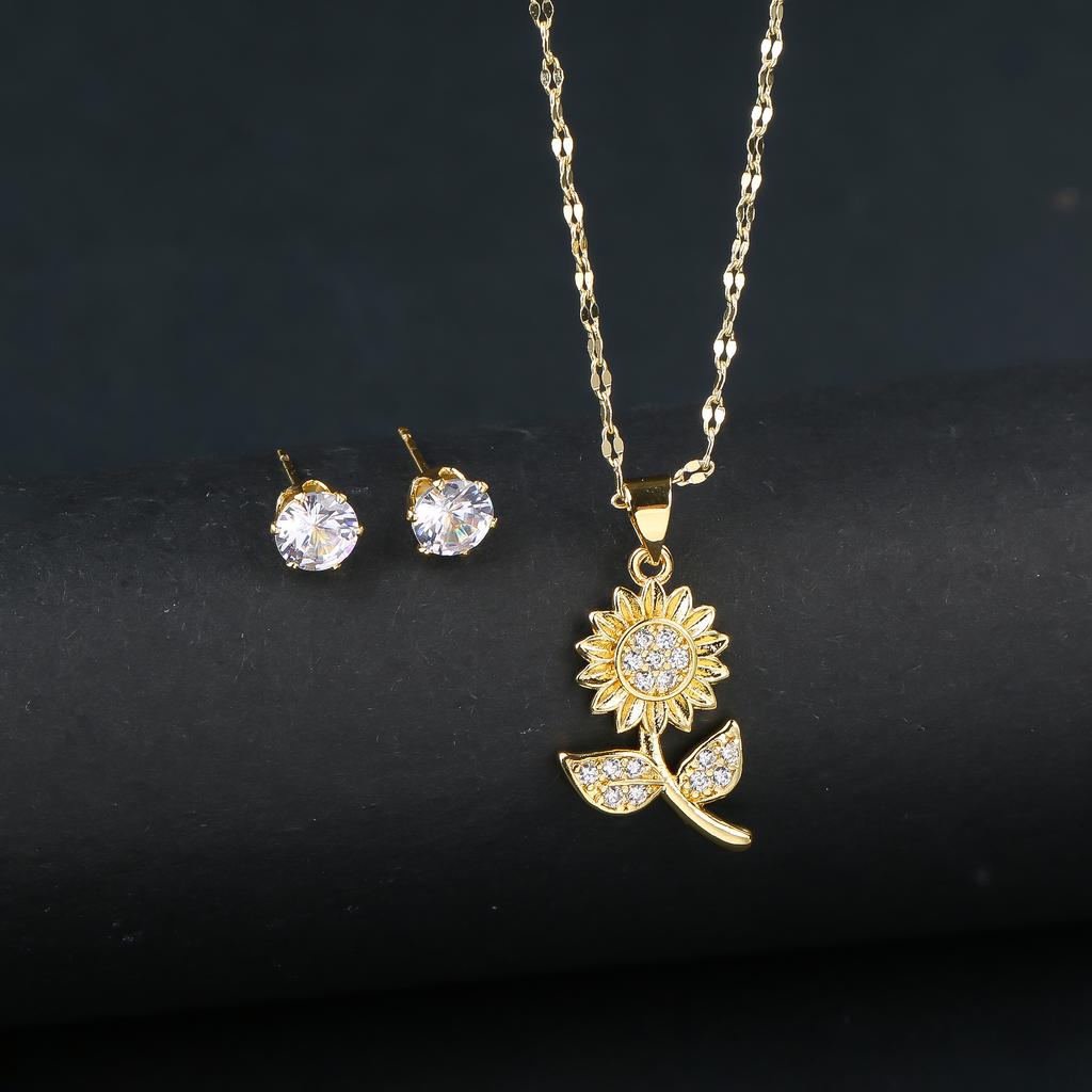 2pcs Sparkling Crystals Botanical Sunflower Necklace Earrings Zircon Set for Woman New Fashion Casual Party Zircon GirlGift