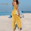 Women's Halter Maxi Jumpsuit Pleated Deep V Neck One Piece Jogger Long Pants with Pockets Casual Beach Sleeveless Rompers