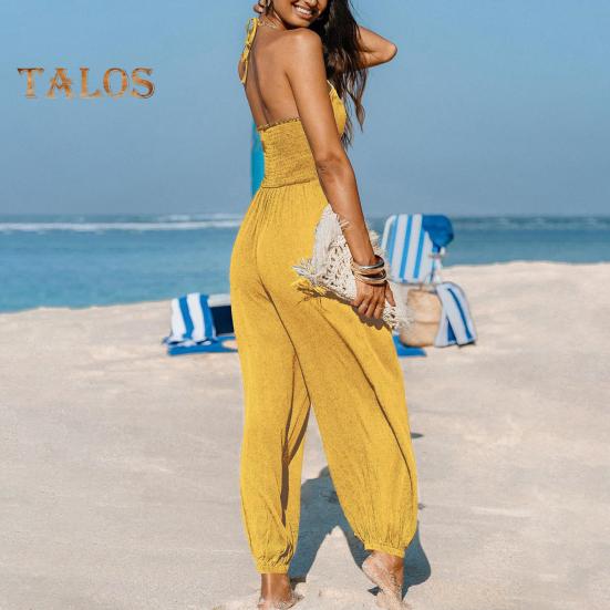 Women's Halter Maxi Jumpsuit Pleated Deep V Neck One Piece Jogger Long Pants with Pockets Casual Beach Sleeveless Rompers