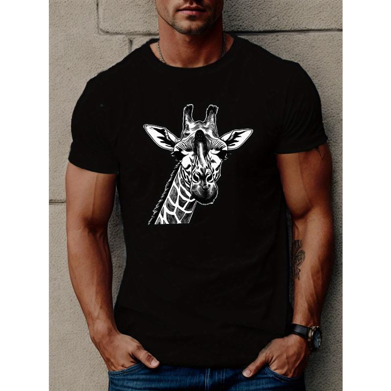 

European Size Giraffe Print T Shirt, Tees For Men, Casual Short Sleeve T-shirt For Summer 4XL