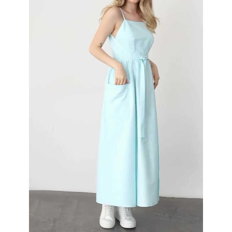 American Foreign Trade Women clothes Cross-Border Summer Sling Square Collar Temperament Waist Hugging Slimming Simple Style Solid Strap Long dress