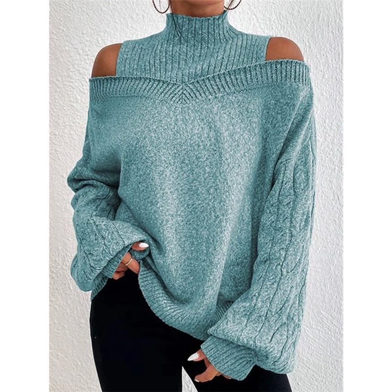 Maglione da Donna Collo Alto a Spalle Scoperte Casual Morbido a Treccia Pullover Manica Lunga Autunno Inverno Maglia Top