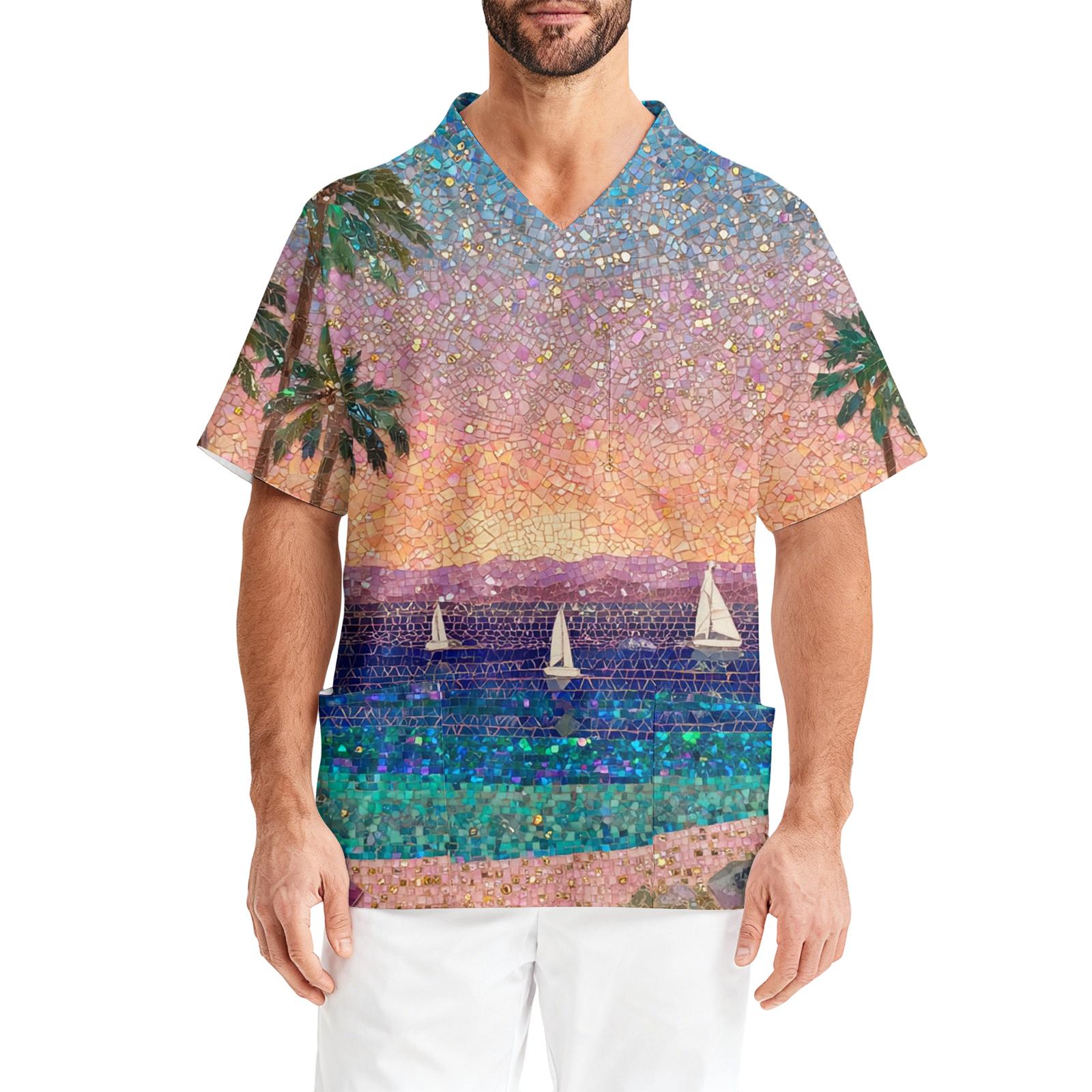 Мужская рабочая блузка с принтом, коротким рукавом, V-образным вырезом, нагрудным карманом, топ для ухода XXXXL бежевый