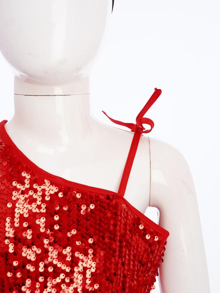 Girls 3 Piece Hip Hop Jazz Dance Costume One Shoulder Sleeveless Sequin Vest Metallic Tutu Skirt Letter Printed Hairband Set