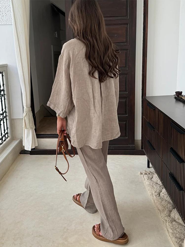 Vintage Solid Shirt Trousers Suit Women Single Breasted Long Sleeve Shirt Wide Leg Pants Summer Female Set